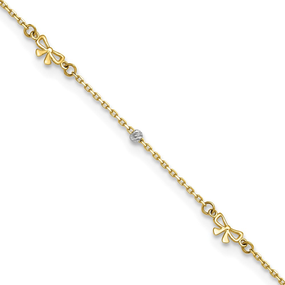14k Two-tone Polished Diamond-cut Beads and Bows 9 inch with 1 inch Extender Anklet