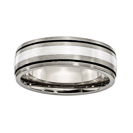 Titanium 7mm Brushed Light Center Silver Inlaid Strip w/Dark Edges Band
