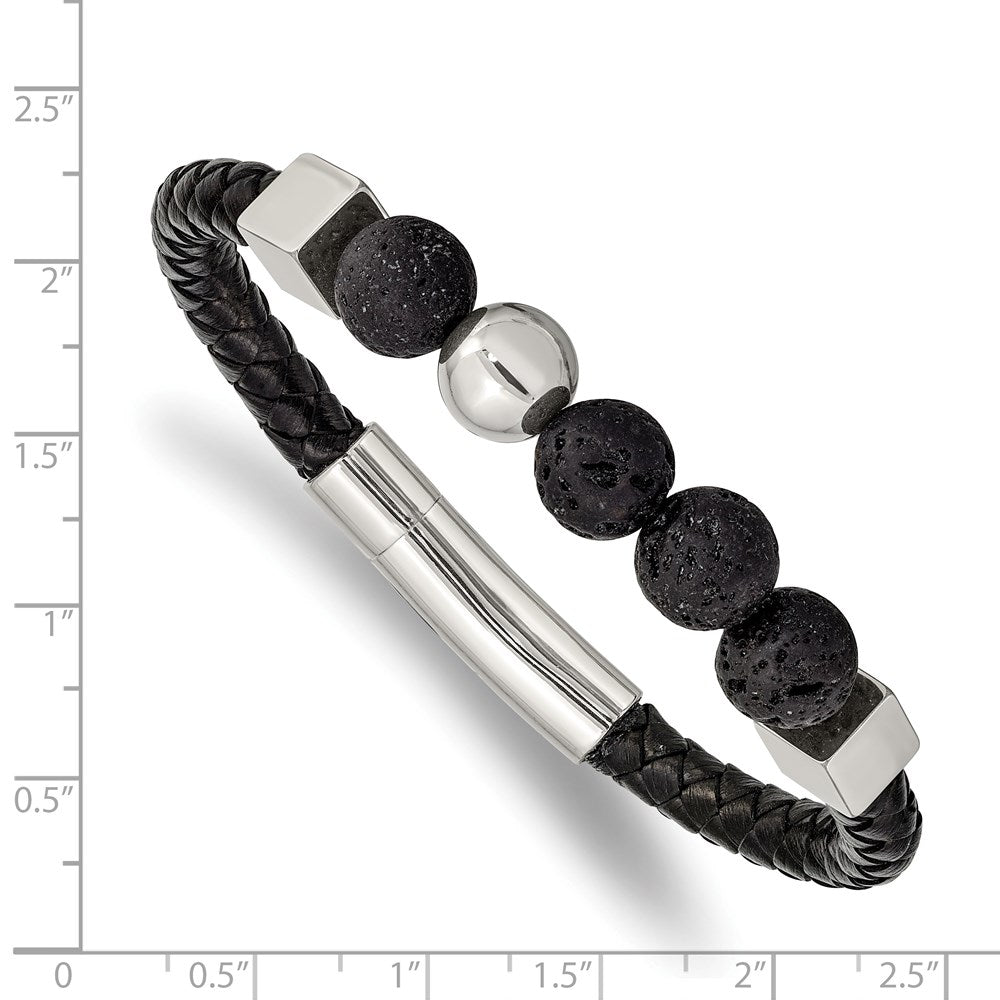 Stainless Steel Polished w/Lava Stone Black Leather 8in Bracelet 8 inches