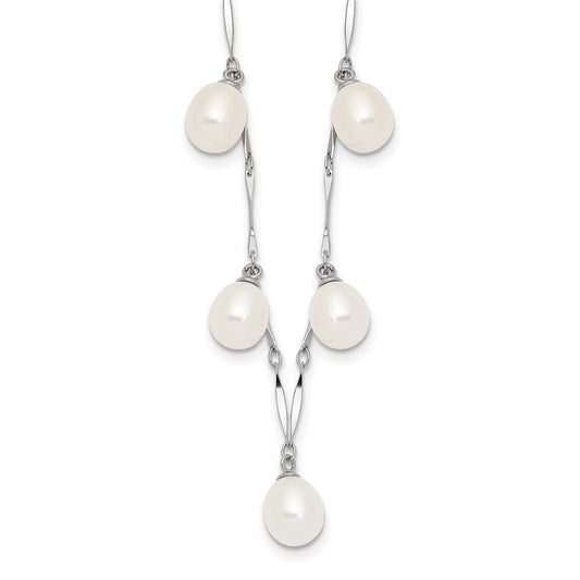 Sterling Silver Rhodium-plated 7-8mm White Teardrop Freshwater Cultured Pearl 7-Station 17.5 inch Necklace 17.5 Inches