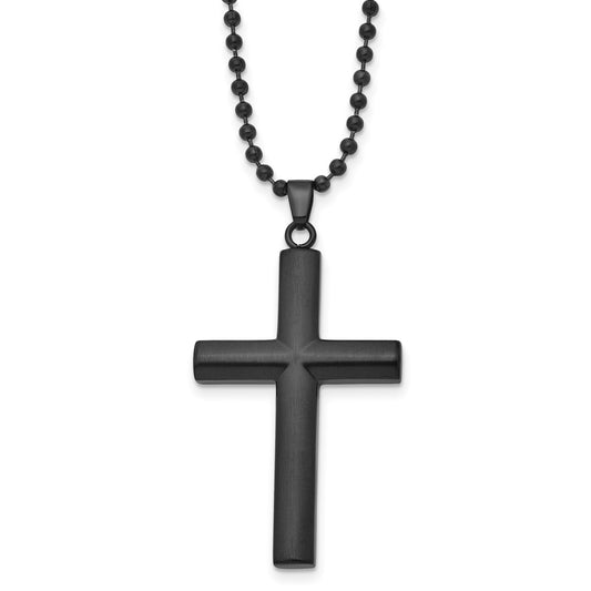 Stainless Steel Brushed and Polished Black IP-plated Cross 24in Necklace