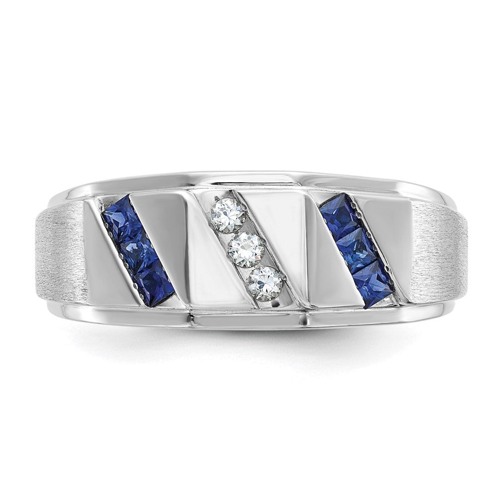 14k White Gold IBGoodman Men's Satin Lab Created Sapphire and 1/10 carat Diamond Complete Ring Size 10