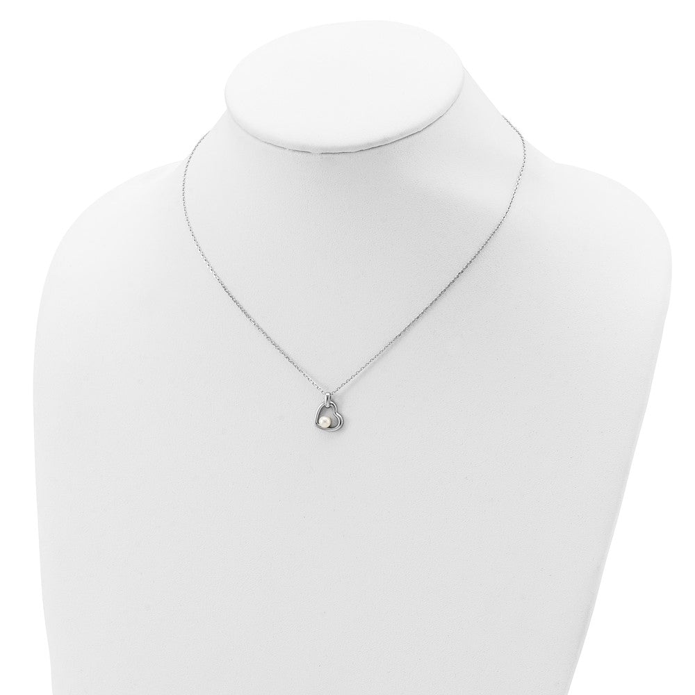 Sterling Silver Rhodium-plated 4-5mm White Button Freshwater Cultured Pearl Heart 17 inch Necklace 17 Inches