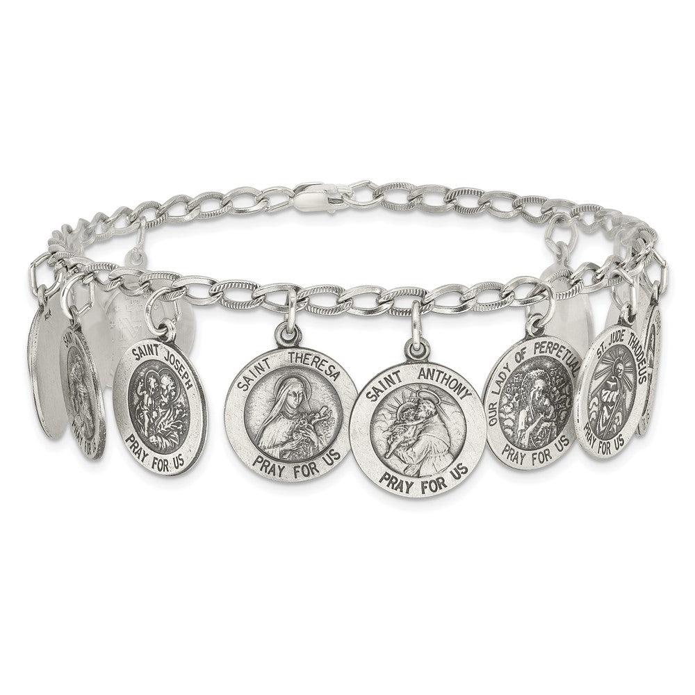 Sterling Silver Antiqued 12 Saints 8in Bracelet 7 inches