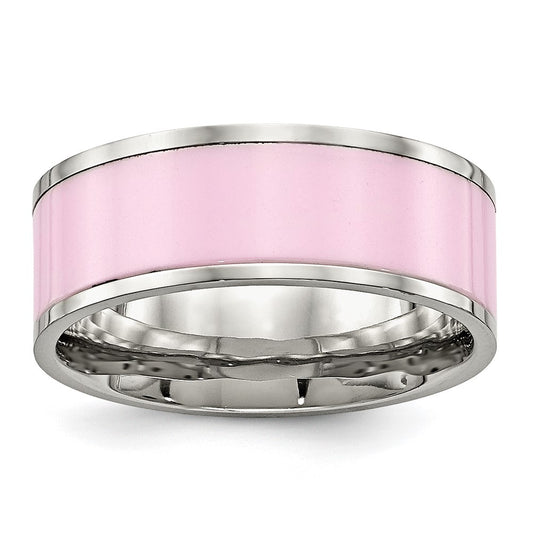 Stainless Steel Polished Pink Ceramic Ring Size - 8
