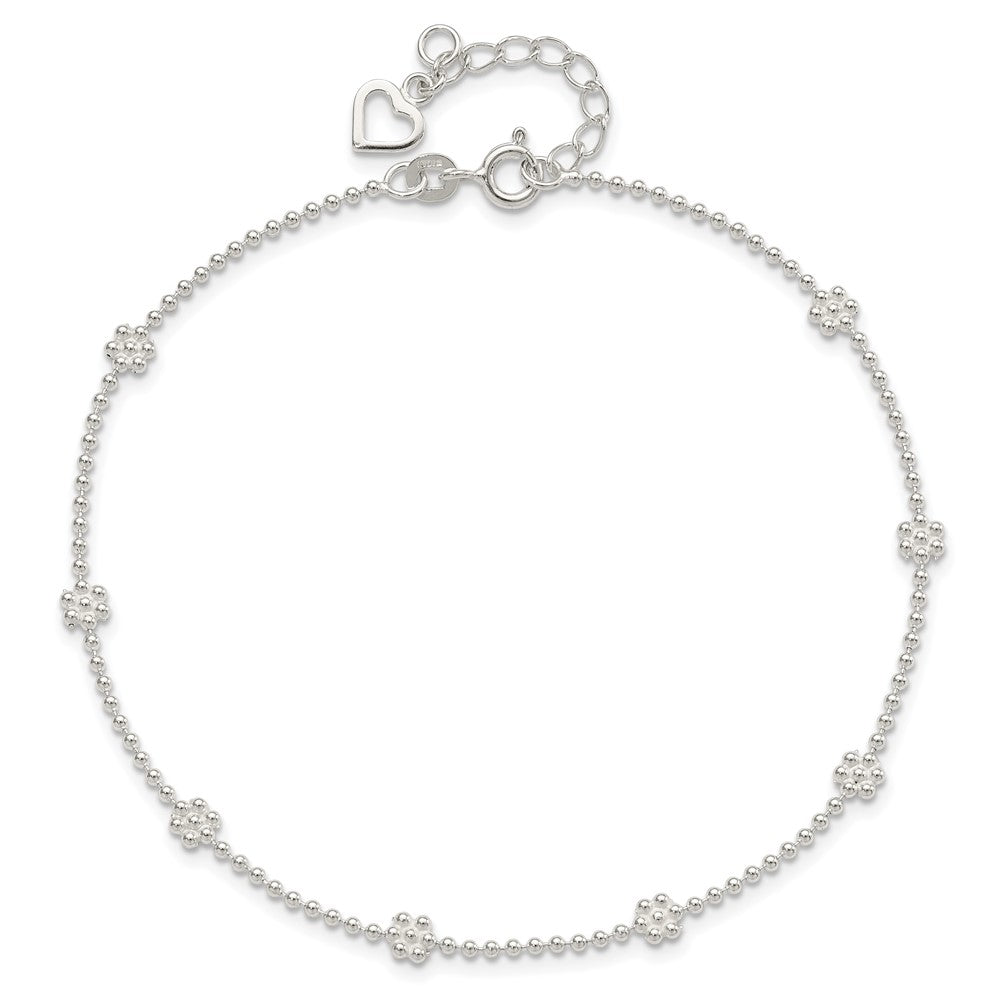 Sterling Silver 9in Plus 1in ext Polished Flower Anklet 10 inches
