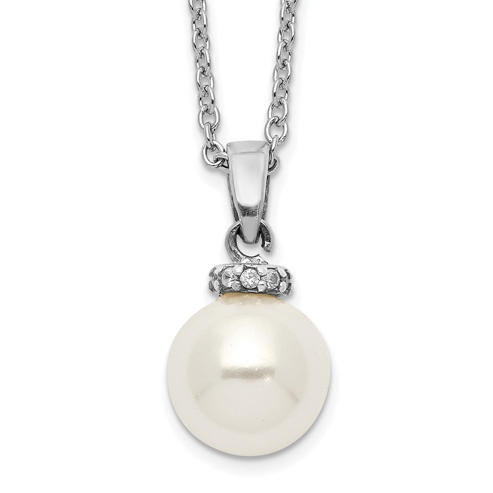Majestik Sterling Silver Rhodium-plated 8-9mm White Imitation Shell Pearl CZ Spring Ring Clasp 17 inch Necklace 17 Inches