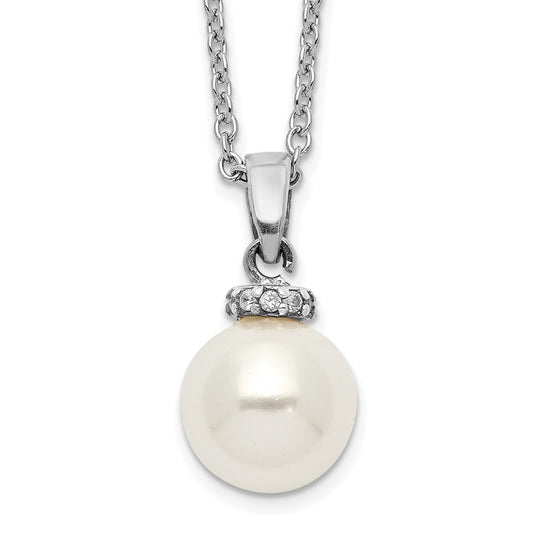 Majestik Sterling Silver Rhodium-plated 8-9mm White Imitation Shell Pearl CZ Spring Ring Clasp 17 inch Necklace 17 Inches