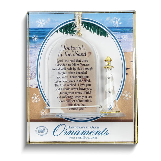 Glass Baron Sea Footprints Poem with Lighthouse Glass Ornament