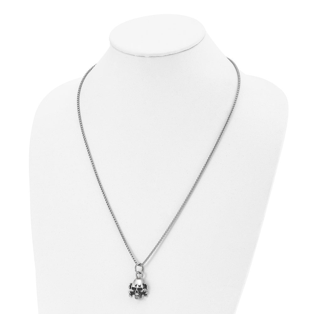 Stainless Steel Antiqued and Polished Skull and Cross Bones 24in Necklace