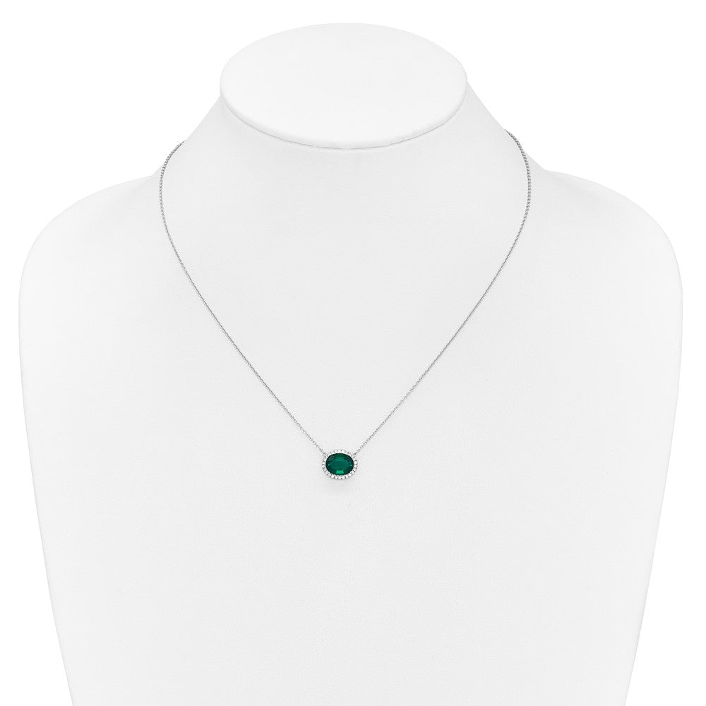 14k White Gold Oval Created Emerald/Diamond 18in. Halo Necklace