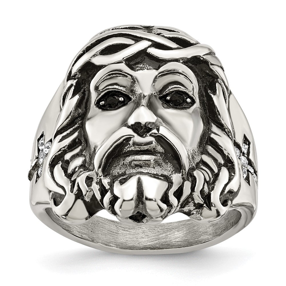 Stainless Steel Antiqued and Polished w/Black & White Crystal Jesus Ring Size - 11