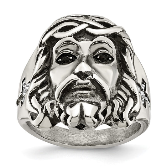 Stainless Steel Antiqued and Polished w/Black & White Crystal Jesus Ring Size - 11
