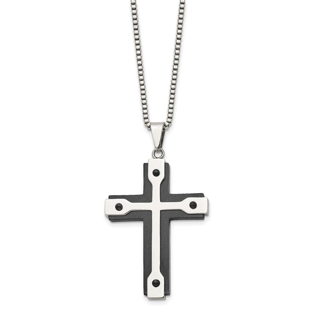 Stainless Steel Brushed and Polished Black IP-plated Cross 22in Necklace
