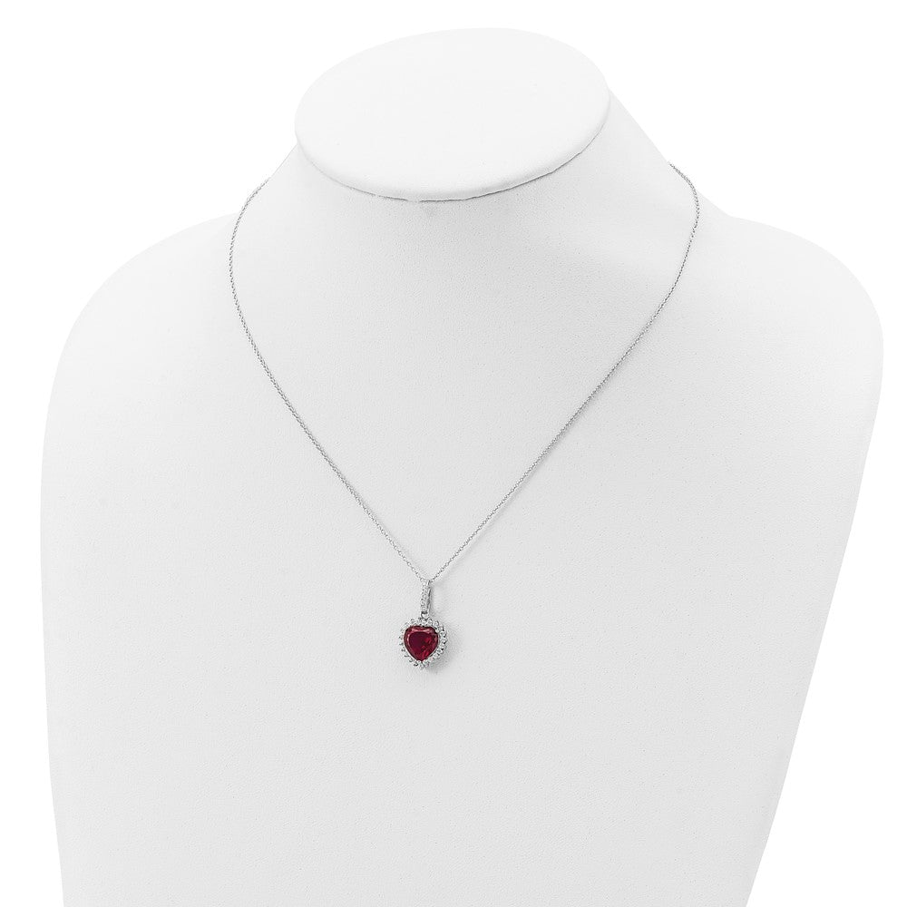 Cheryl M Sterling Silver Rhodium-plated 100 Facet Lab Created Ruby and Brilliant-cut White CZ Heart Halo 18 Inch Necklace 18 Inches