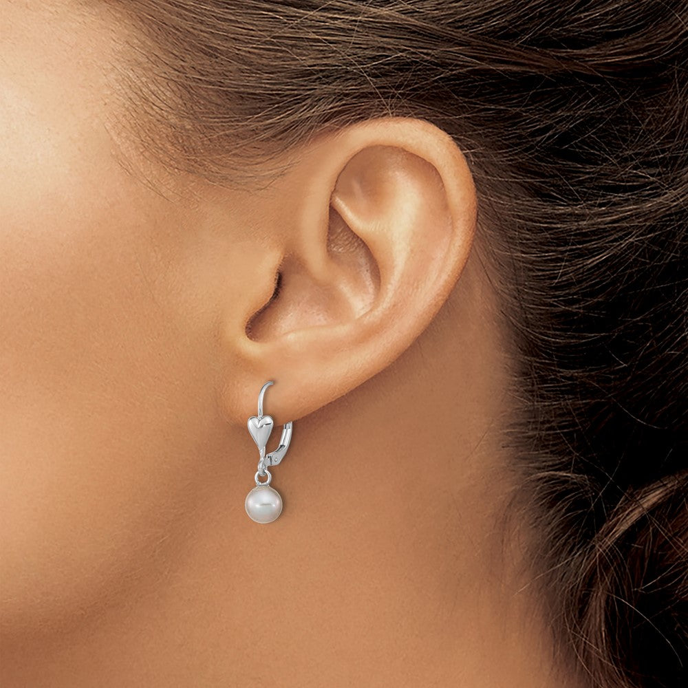 Sterling Silver Rhodium-plated 6-7mm Grey Round Freshwater Cultured Pearl Heart Leverback Dangle Earrings