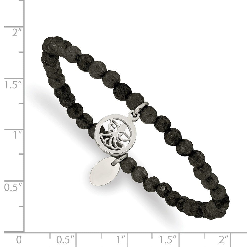 Stainless Steel Polished Angel Black Jade Beaded Stretch Bracelet 6.5 inches