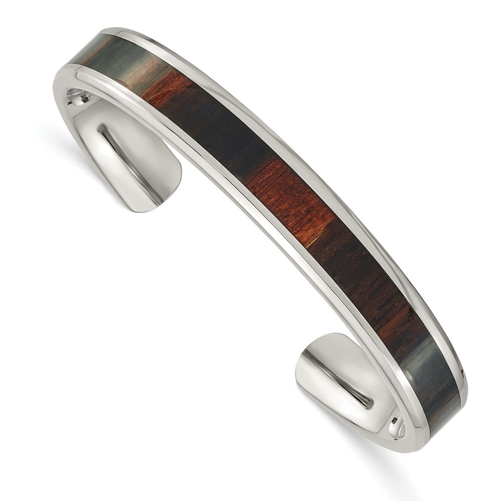 Stainless Steel Polished w/Enameled Koa Wood Inlay Bangle 7.25 inches