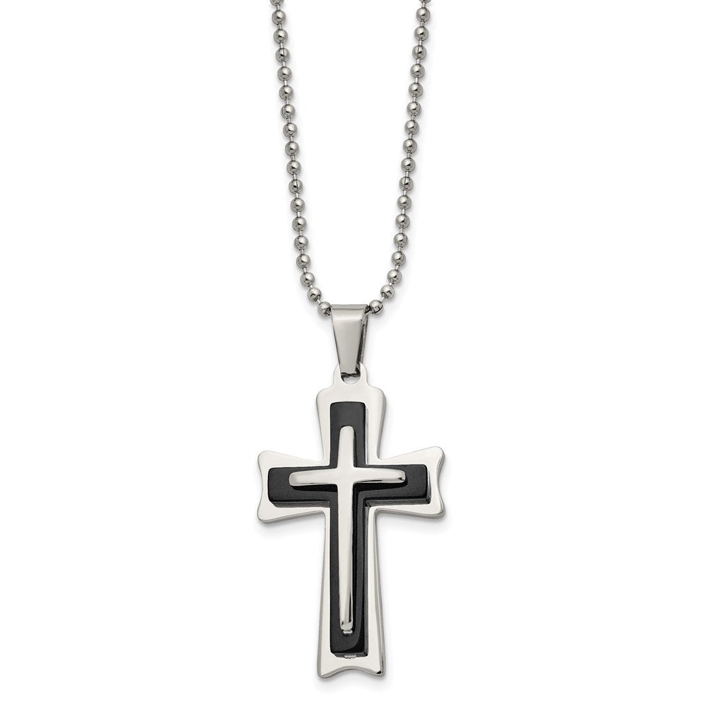 Stainless Steel Polished with Black Acrylic Cross 24in Necklace