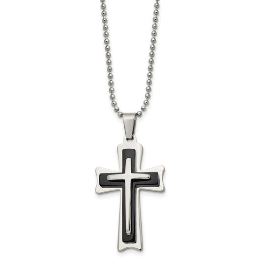 Stainless Steel Polished with Black Acrylic Cross 24in Necklace