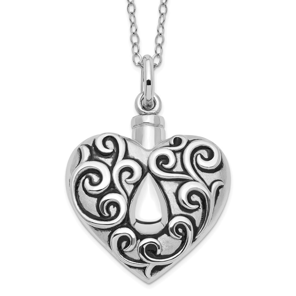 Sentimental Expressions Sterling Silver Rhodium-plated Antiqued Grieving Heart Ash Holder 18 Inch Necklace 18 Inches
