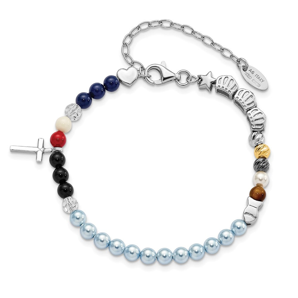 AMEN Sterling Silver Jesus' Story Multi Glass Pearl Onyx Agate Crystals Cross 6 Inch Fancy Lobster Clasp Bracelet with 2 inch Extender 8 inches