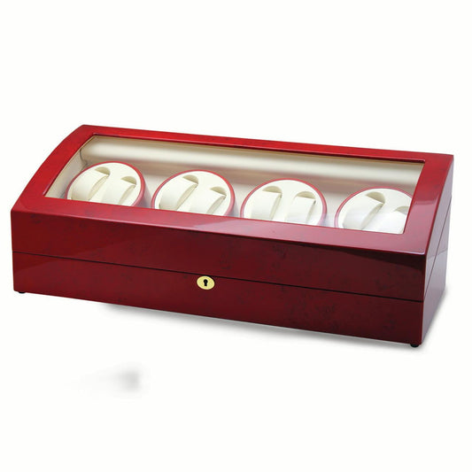 Rotations High Gloss Red Burlwood Finish with Acrylic Window Faux Leather Lined Locking Wooden 8-Watch Winder with 9-Watch Storage Area (AC Powered) QGM13141