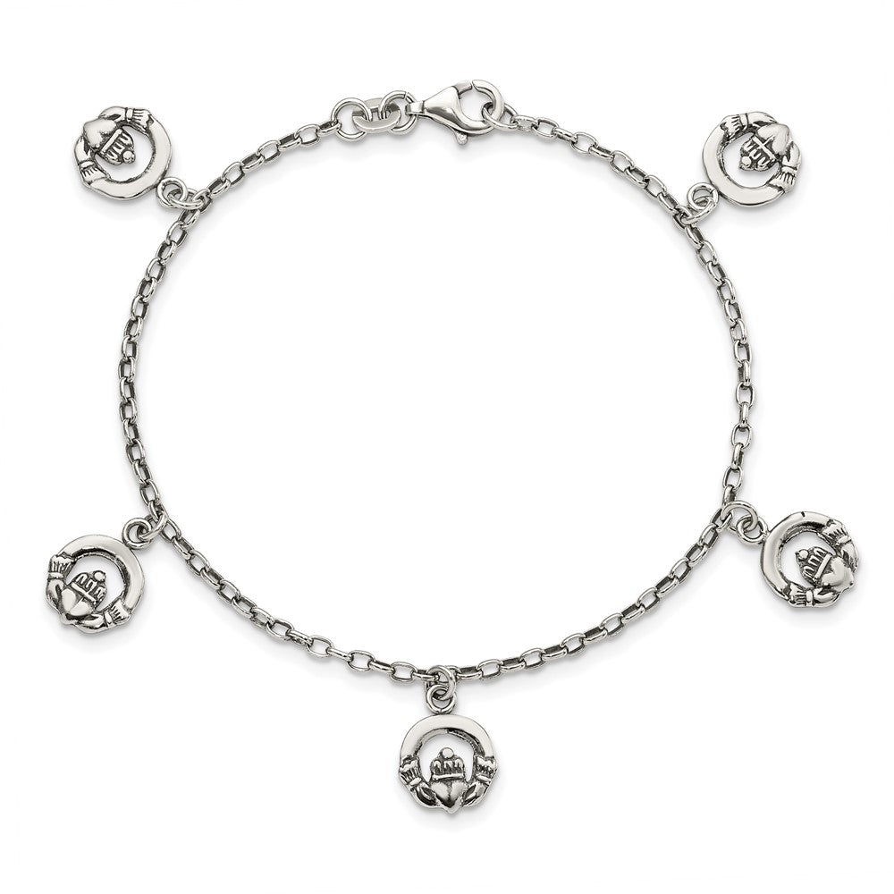 Sterling Silver Antiqued Claddagh Bracelet 7 inches