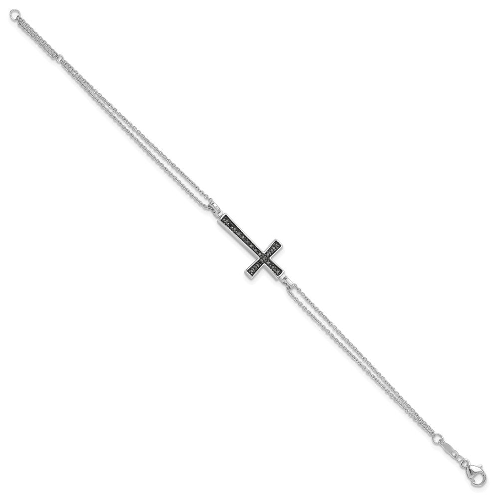 Sterling Silver Rhod 0.1ct. Blk & Wht Dia. Rvsble Cross 2 Strand Bracelet 6.5 inches