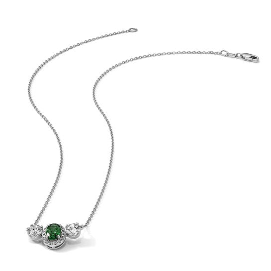14k White Gold 1 1/8 carat Lab Grown Diamond VS/SI+ G+ and Created Emerald Complete Three Stone 16 inch Necklace