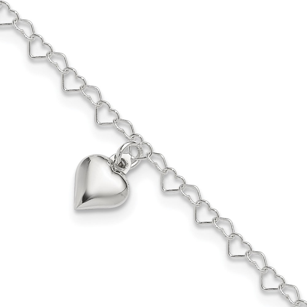 Sterling Silver Polished Fancy Link Puffed Heart 9 in Plus 1in ext. Anklet 9 inches
