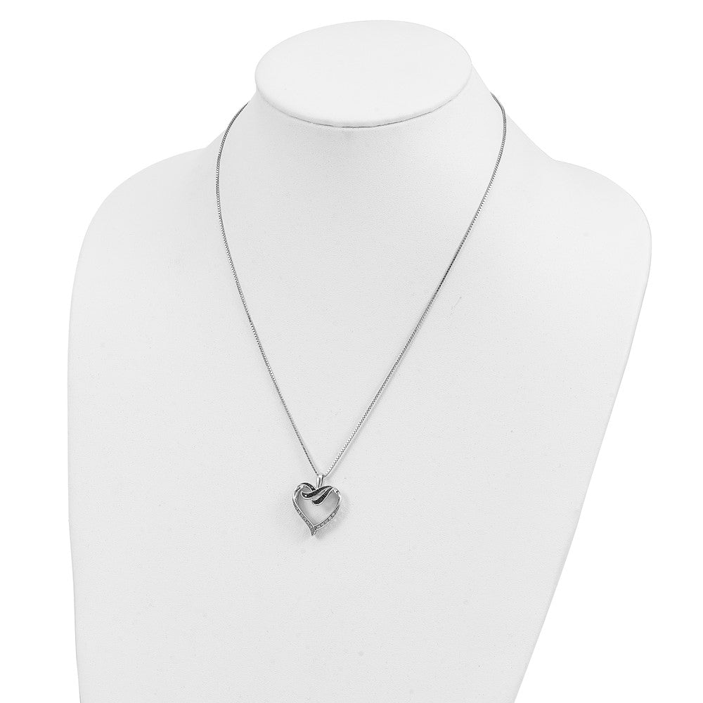 White Night Sterling Silver Rhodium-plated Black and White Diamond Heart 18 Inch Necklace with 2 Inch Extender 18 Inches