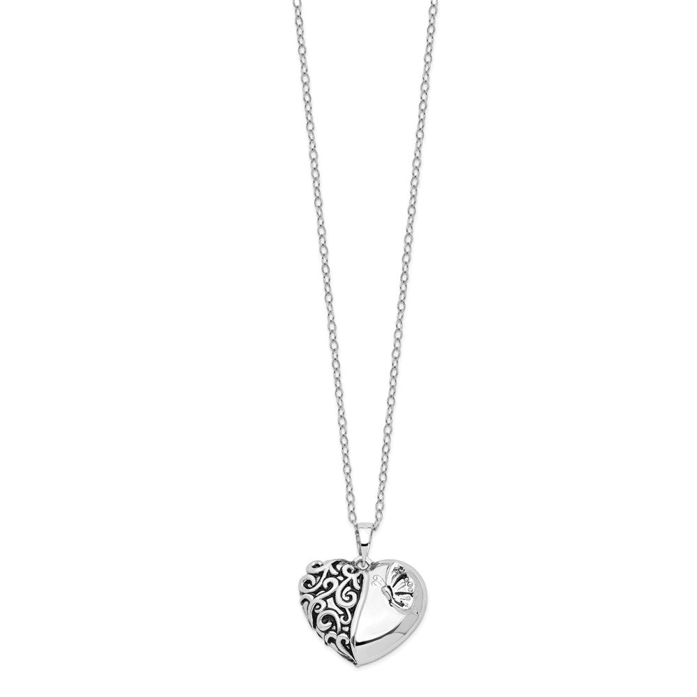 Sentimental Expressions Sterling Silver Rhodium-plated Antiqued One More Day Heart Shape with Butterfly Ash Holder 18 Inch Necklace 18 Inches