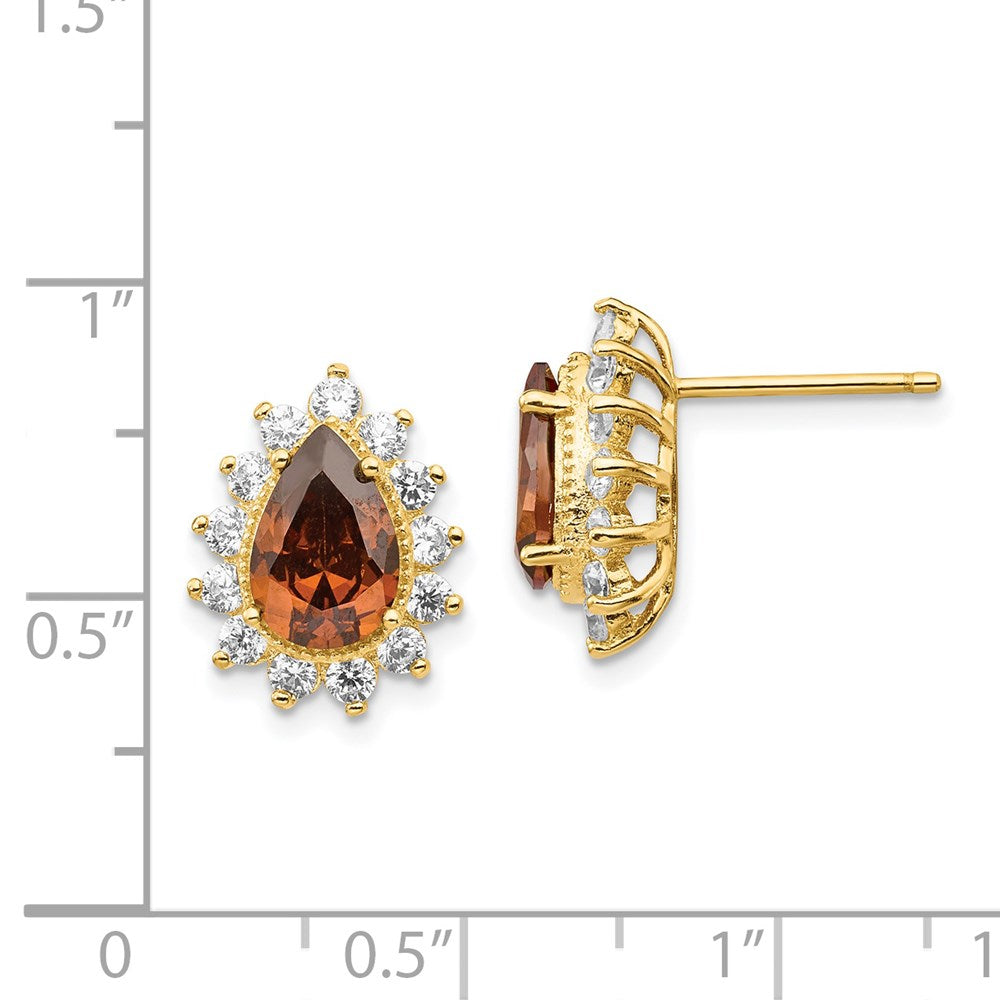 Cheryl M Sterling Silver Gold-plated Brilliant-cut Brown and White Pear Shape CZ Post Earrings