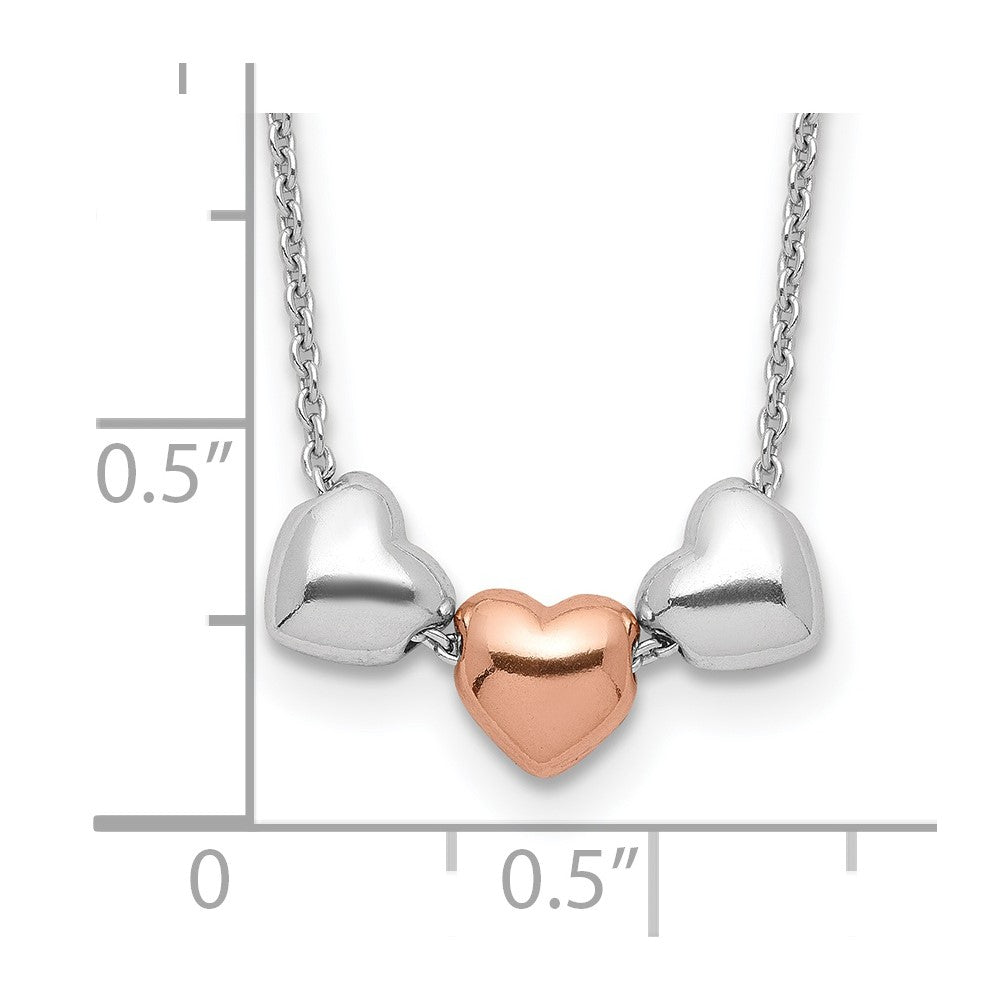 Sterling Silver Rhodium Rose-tone 3-Hearts w/.75 ext Necklace 18 Inches