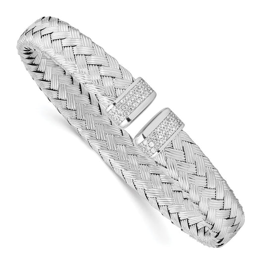 Sterling Silver RH-plated CZ Woven Flexible Cuff 6.5  inches
