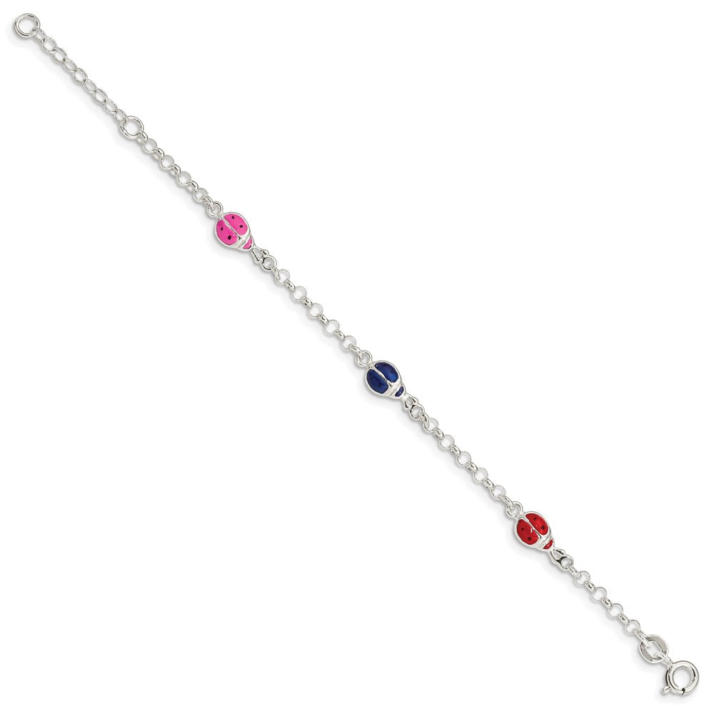 Sterling Silver Multi-color Enamel Ladybugs w/ 1in ext. Children's Bracelet 6 inches