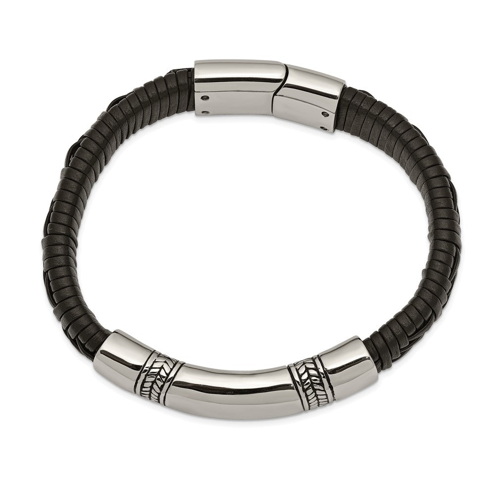 Stainless Steel Antiqued and Polished Black Leather 8.25in ID Bracelet 8.25 inches