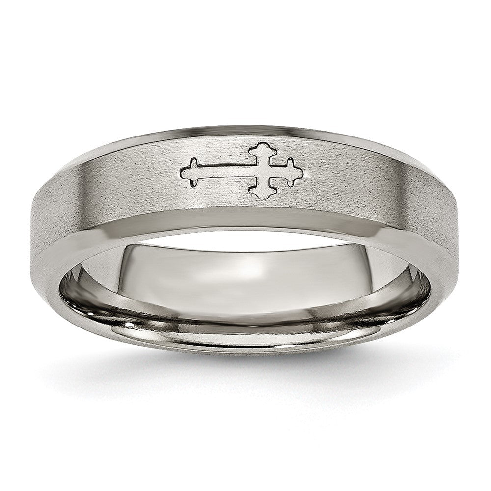 Titanium Brushed Center Cross Design 6mm Beveled Edge Band Size - 10.5