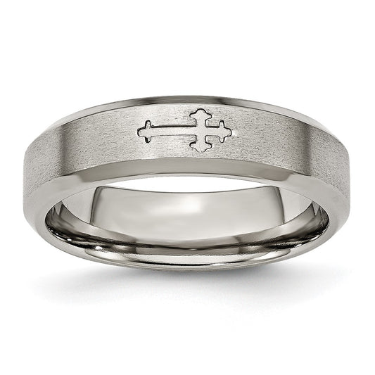 Titanium Brushed Center Cross Design 6mm Beveled Edge Band Size - 10.5