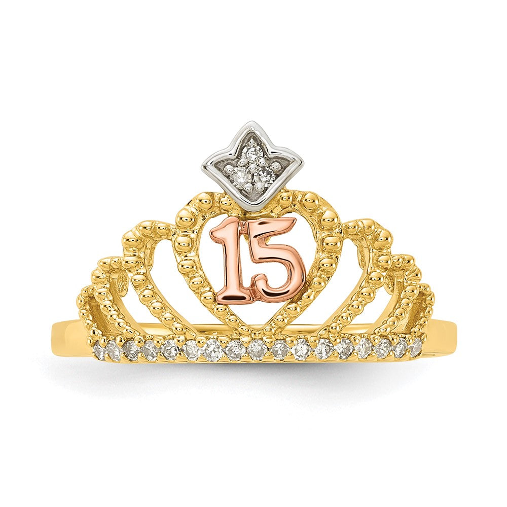 10k Tri-Color Polished & Beaded Diamond 15 Quinceanera Crown Ring