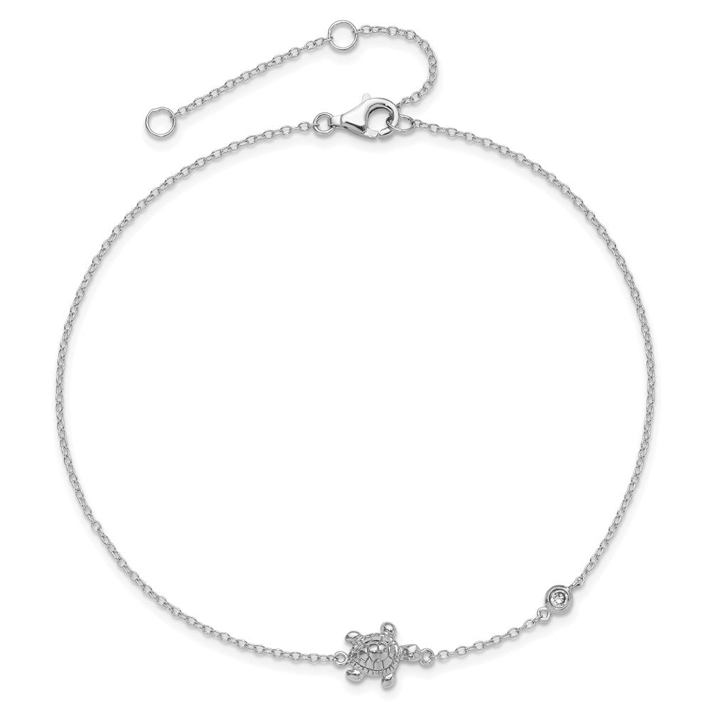 Sterling Silver Rhodium-plated Polished CZ Turtle 9 inch with a 2 inch extention Anklet 9 inches