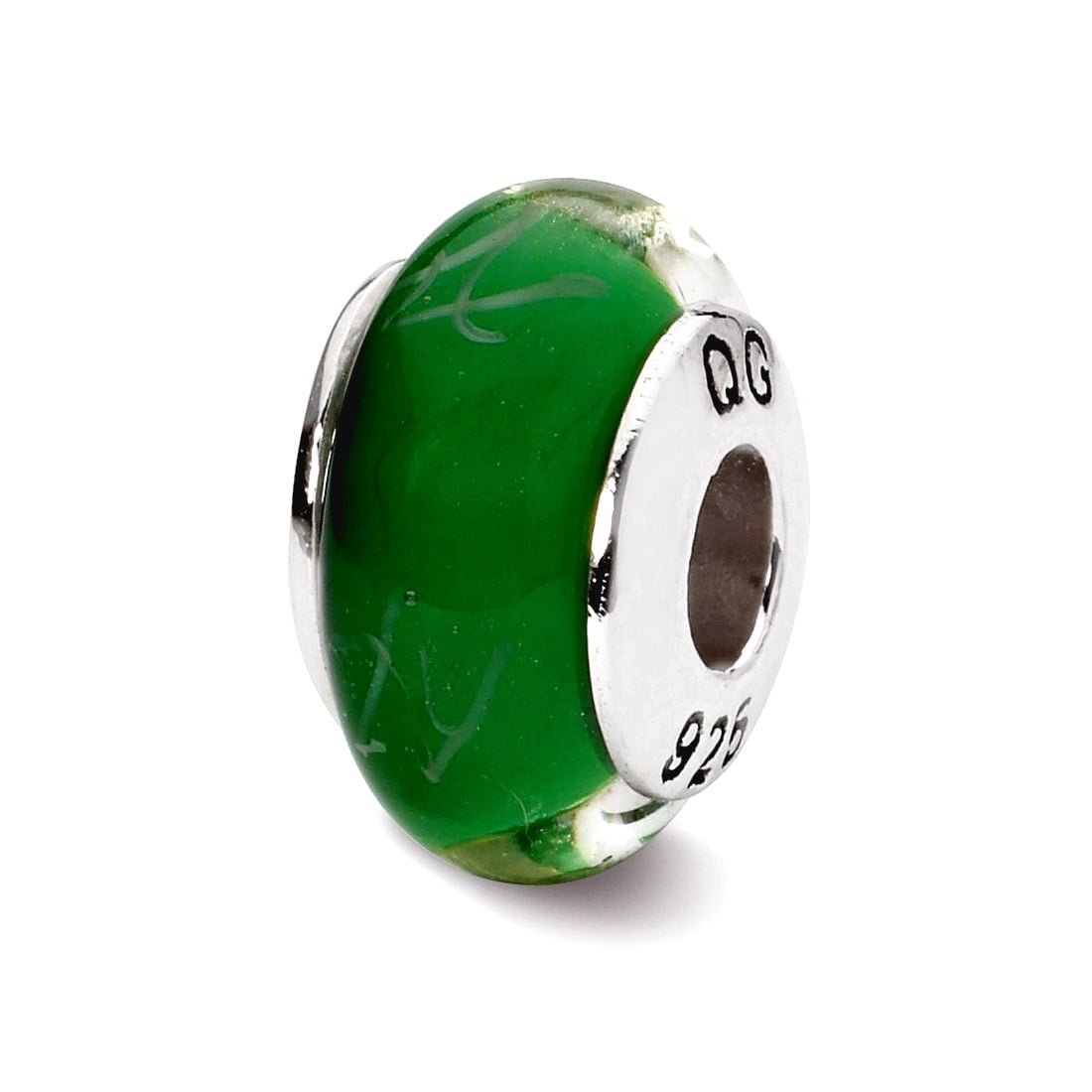 Sterling Silver Reflections Green/White Scribbles Hand-blown Glass Bead