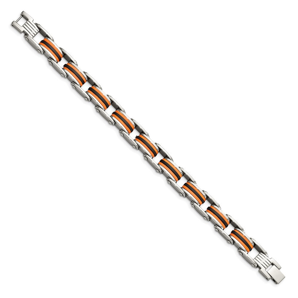Stainless Steel 8.75in Polished with Polyurethane Black & Orange Bracelet 8.75 inches