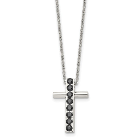 Stainless Steel Polished w/Black CZ Cross 22in Necklace