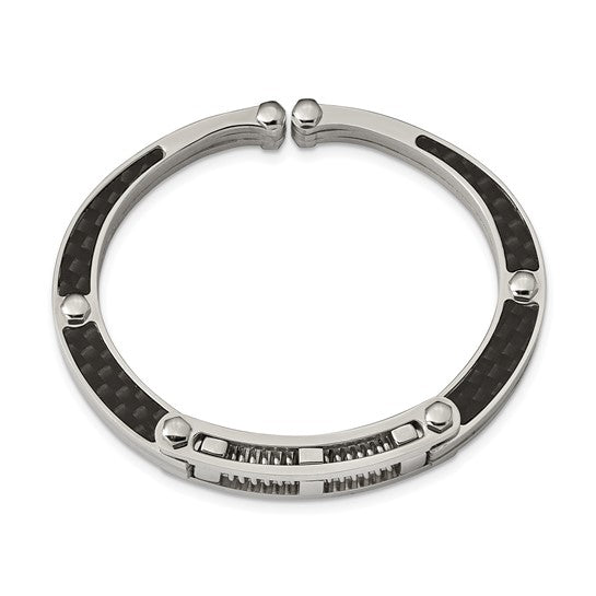 Stainless Steel Brushed and Polished Carbon Fiber Inlay Hinged Bangle 7 inches