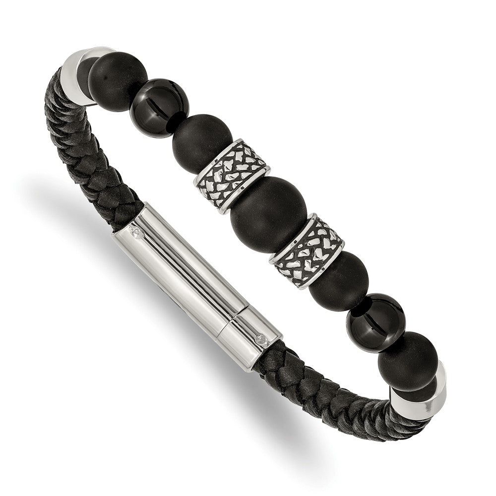 Stainless Steel Antiqued and Polished Black Agate Leather 8.25in Bracelet 8.25 inches