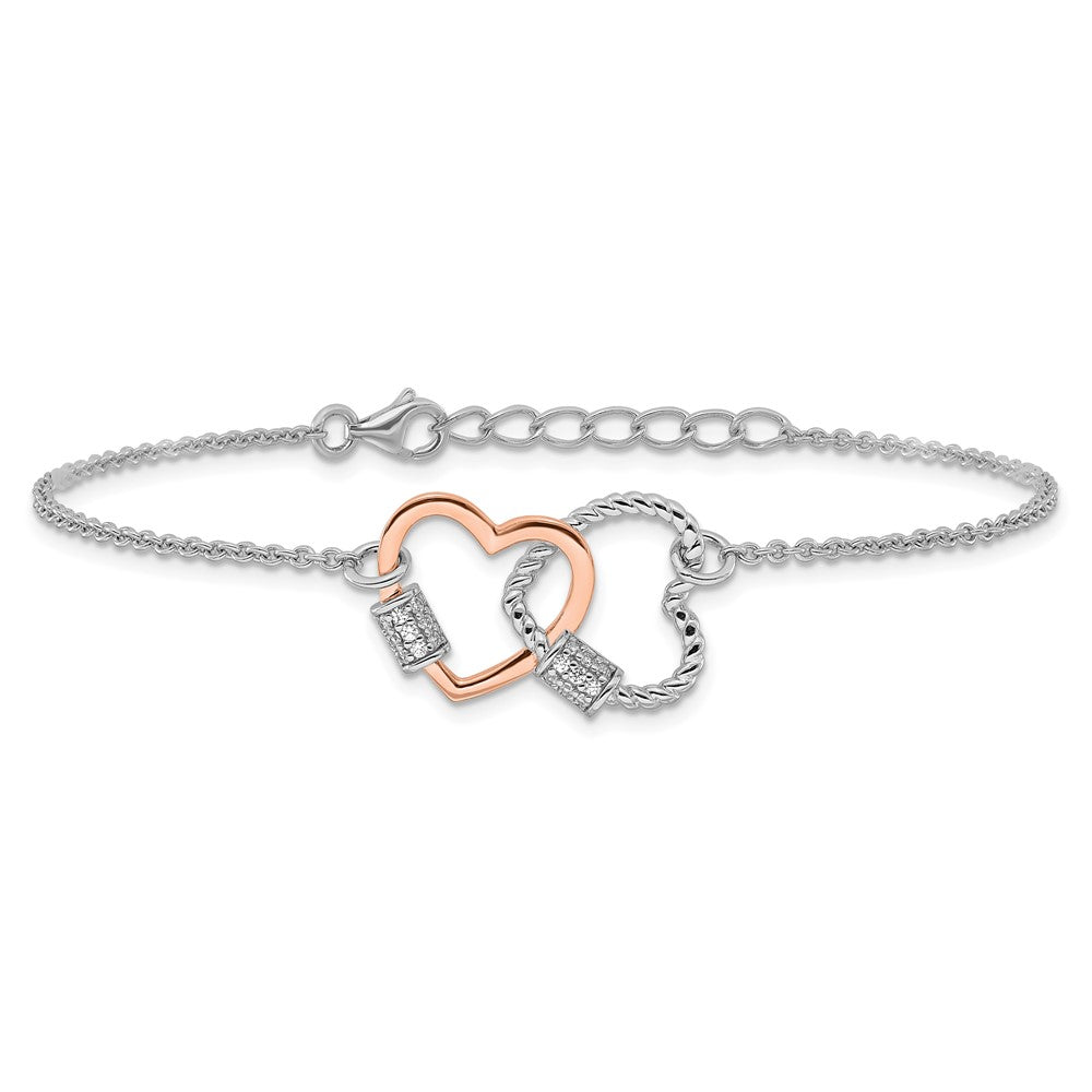 Sterling Silver Rh-plated Rose-tone Double Heart 7in w/1in ext Bracelet 8 inches
