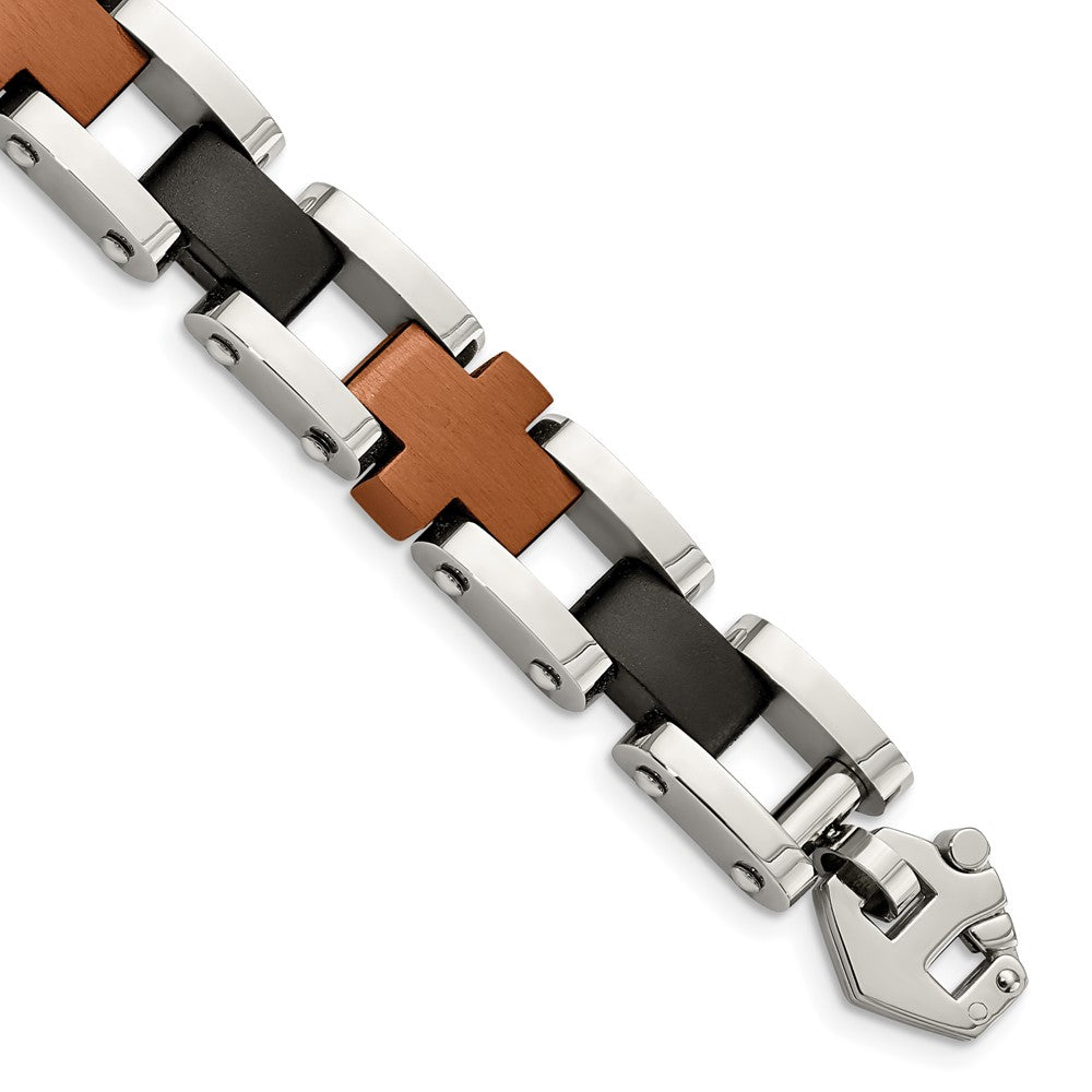 Stainless Steel Brushed & Polished Brown & Black IP-plated 8.75in Bracelet 8.75 inches