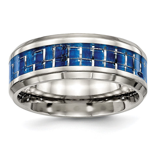 Stainless Steel Polished w/Blue Carbon Fiber Inlay 8mm Beveled Edge Band Size - 12.5